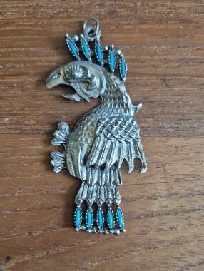 Vintage Silver-Tone Aztec Eagle Pendant with Faux Turquoise Accents